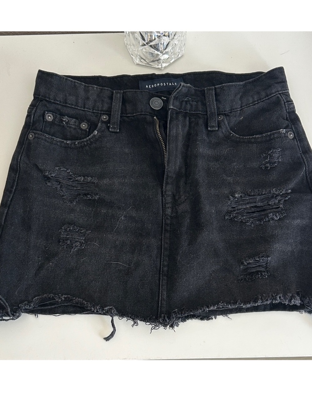 Aeropostale Black High Rise Distressed Cropped Denim Skirt
